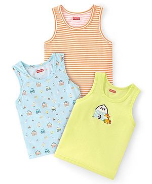 Babyhug 100% Cotton Knit Sleeveless Sando Vehicles Print Pack of 3 - Multicolour