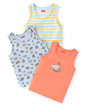Babyhug 100% Cotton Knit Sleeveless Sando Striped & Boat Theme Print Pack Of 3 - Blue Orange & Yellow