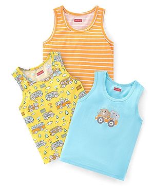 Babyhug 100% Cotton Knit Sleeveless Sandos Striped Animal & Bus Print Pack of 3 - Multicolour