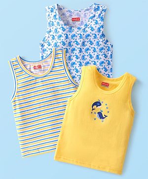 Babyhug 100% Cotton Knit Sleeveless Striped & Whale Printed Sando Pack of 3 - Multicolour