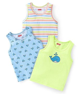 Babyhug 100% Cotton Knit Sleeveless Sandos Striped & Dolphine Print Pack of 3 - Multicolour