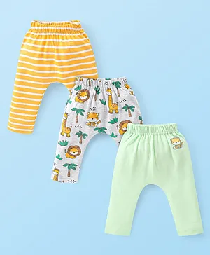Babyhug Cotton Knit Interlock Full Length Diaper Leggings With Striped & Lion Print Pack Of 3 - Yellow Grey & Green