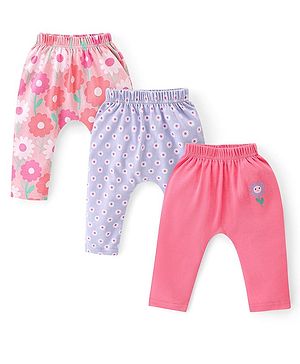 Babyhug Interlock Cotton Knit Full Length Diaper Leggings Floral Print Pack of 3 - Multicolour