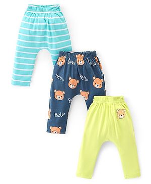 Babyhug Interlock Knit Full Length Diaper Legging Stripes & Bear Print Pack Of 3 - Blue & Green