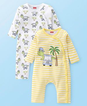 Babyhug 100% Cotton Full Sleeves Romper With Dino Print Pack Of 2 - White & Yellow