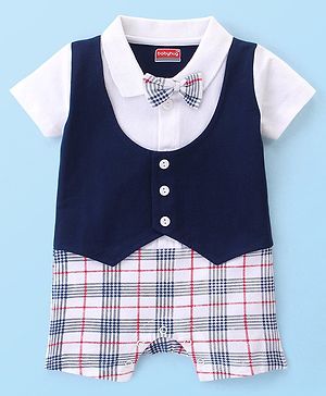 Babyhug Interlock 100% Cotton Knit Checkered Romper with Bow Applique - Navy Blue