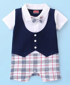 Babyhug Interlock 100% Cotton Knit Checkered Romper with Bow Applique - Navy Blue