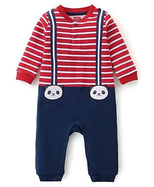 Babyhug 100% Cotton Full Sleeves Stripes Romper - Red