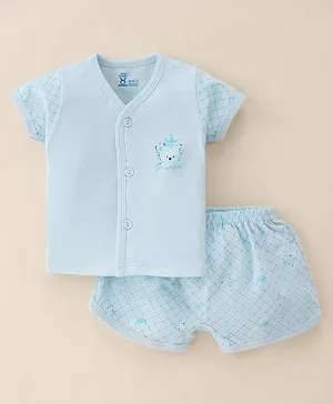 Pink Rabbit Single Jersey Knit Half Sleeves Shorts Set Checkered & Teddy  Print - Lt Blue