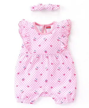 Babyhug 100% Cotton Knit Sleeveless with Frill Detailing Romper & Headband Fruit Print - Pink