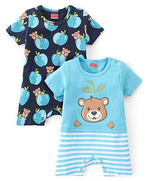 Babyhug 100% Cotton Knit Half Sleeves Romper With Bear Print Pack of 2 - Blue