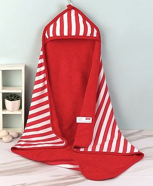 Babyhug Cotton Interlock Two Layer Hooded Towel Stripes Print L 76 x B 76 cm - Red