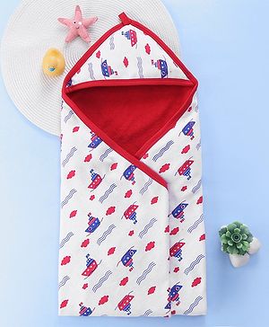 Babyhug Cotton Interlock Two Layer Hooded Towel Ship Print L 76.2 x B 76.2 cm - Red