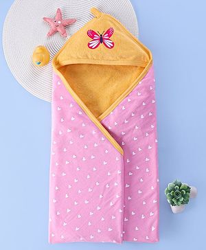 Babyhug Hooded Towel Two Layer Butterfly Print L 76.2 x B 76.2 cm - Pink & Orange
