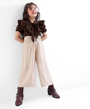 Ollington St. Woven Frill Sleeves Top & Culotte With Belt Solid Colour - Brown & Beige