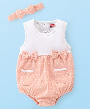 Babyhug 100% Cotton Knit Sleeveless  Onesie With Headband Polka Dot Print & Bow Applique - Peach