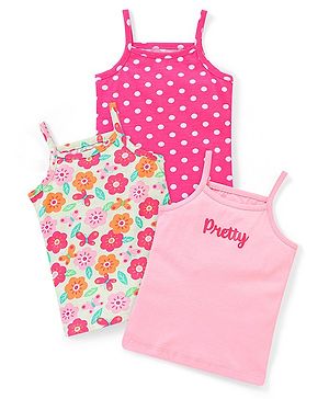 Babyhug 100% Cotton Knit Sleeveless Slips with Polka Dot & Floral Print Pack of 3 - Multicolour