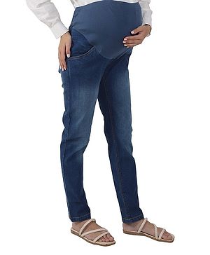 Mama & Bebe Solid Denim Jeans With Waistband Stretchable Knit At Front Waist For Growing Bellies - Light Blue