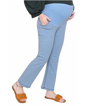 Mama & Bebe Solid Denim Jeans With Waistband Stretchable Knit At Front Waist For Growing Bellies - Light Blue