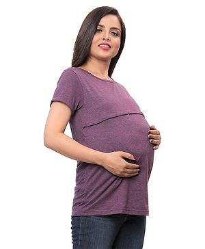 Mama & Bebe Half Sleeves Solid Top With Concealed Zipper Access - Grape Purple