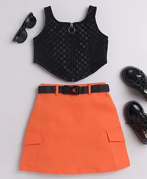 Taffykids Sleeveless Checked Crop Top & Solid Skirt With Belt - Black & Orange