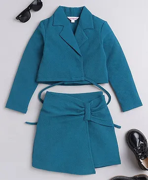Taffykids Full Sleeves Solid Blazer With Coordinating Skirt Set - Teal Blue