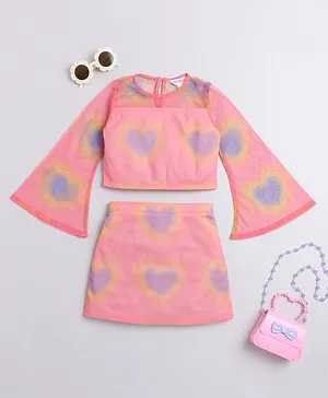 Taffykids Full Sleeves Hearts Printed Coordinating Crop Top & Skirt Set - Pink