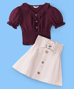 Ollington St. Woven Half Sleeves Solid Color Top & Skirt - Maroon & Beige