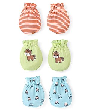 Babyhug 100% Cotton Mittens Pony Print Pack Of 3 - Multicolour