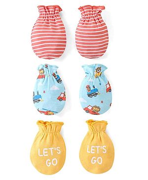 Babyhug 100% Cotton Mittens Set Striped Text & Vehicle Print Pack of 3 - Multicolour
