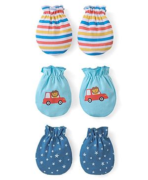 Babyhug 100% Cotton Mittens Lion Print Pack Of 3 - Multicolour