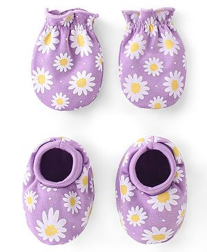 Babyhug 100% Cotton Knit Mittens & Booties Set Floral Print - Purple