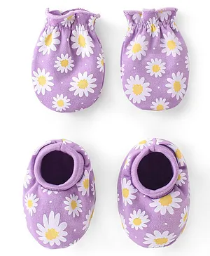 Babyhug 100% Cotton Knit Mittens & Booties Set Floral Print - Purple