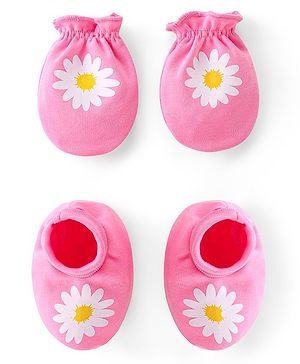 Babyhug 100% Cotton Knit Mittens & Booties Set Floral Print- Pink