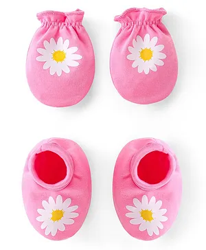 Babyhug 100% Cotton Knit Mittens & Booties Set Floral Print- Pink