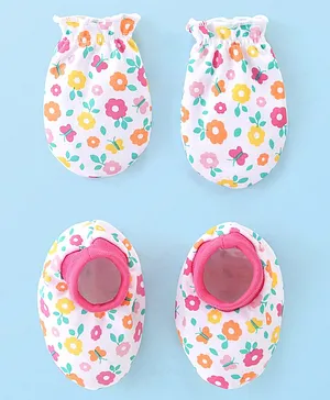 Babyhug 100% Cotton Mittens & Booties Set Floral Print - Multicolour