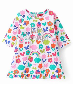 Babyhug Single Jersey Knit Three Fourth Sleeves Nighty Floral & Strawberry Print - White
