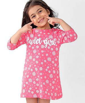 Babyhug Cotton Knit Single Jersey Three Fourth Sleeves Nighty With Text & Floral Print - Pink