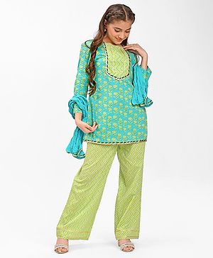 Pine Kids Cotton Three Fourth Sleeves Floral Printed Kurti with gota Patti Lace & Palazzo Set With Dupatta - Blue & Green