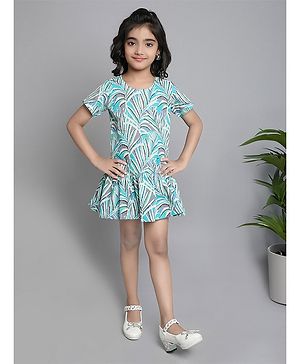 The Magic Wand Cotton Half Sleeves Leaves Printed Dress - Turquoise Blue