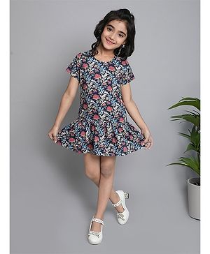 The Magic Wand Cotton Half Sleeves Floral Printed Dress - Navy Blue