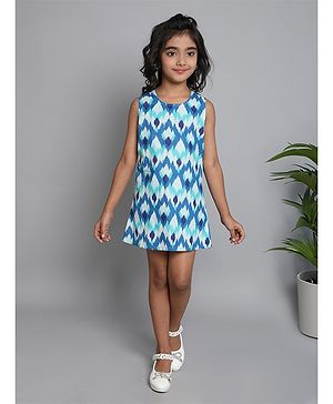 The Magic Wand Cotton Sleeveless Ikat Motif Printed A Line Dress - Blue