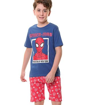 Pine Kids Marvel Single Jersey Knit Half Sleeves T-Shirt And Shorts Set With Spiderman Graphics - Navy Blue & Red