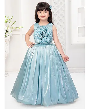 Exclusive sky blue sleeveless soft satin baby party gown with flared floor  length tulle skirt
