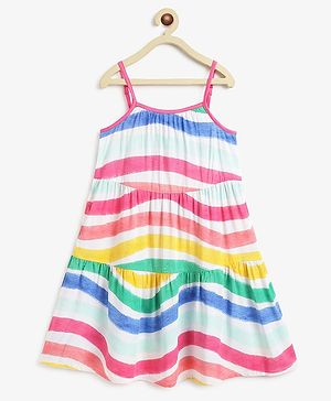 Campana Sleeveless Adjustable Straps Rainbow Stroked  Printed Dress - Magenta & Multi Colour