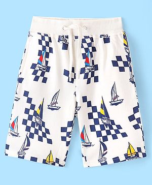 Pine Kids 100% Cotton Knit Above Knee Length Shorts with Boat Print - White