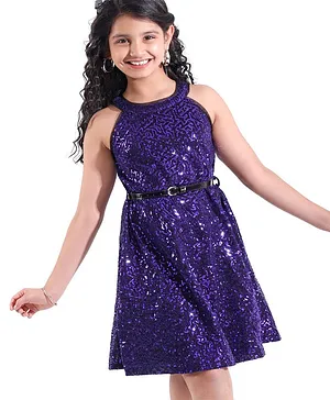 Hola Bonita Knit Sleeveless Glitter & Sequin A line Incut Party Dress - Purple