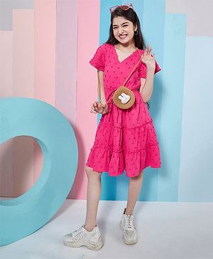 Pspeaches Half Sleeves Swiss Dots Embroidered Tiered Fit & Flared  Dress - Magenta