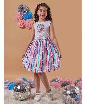 Pspeaches Sleeveless Unicorn Printed Fit & Flared Dress - Multi Colour