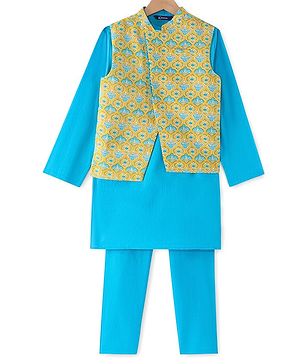 Pine Kids Full Sleeves Cotton Kurta Pyjama Set with Printed Jacket  - Blue & Yellow